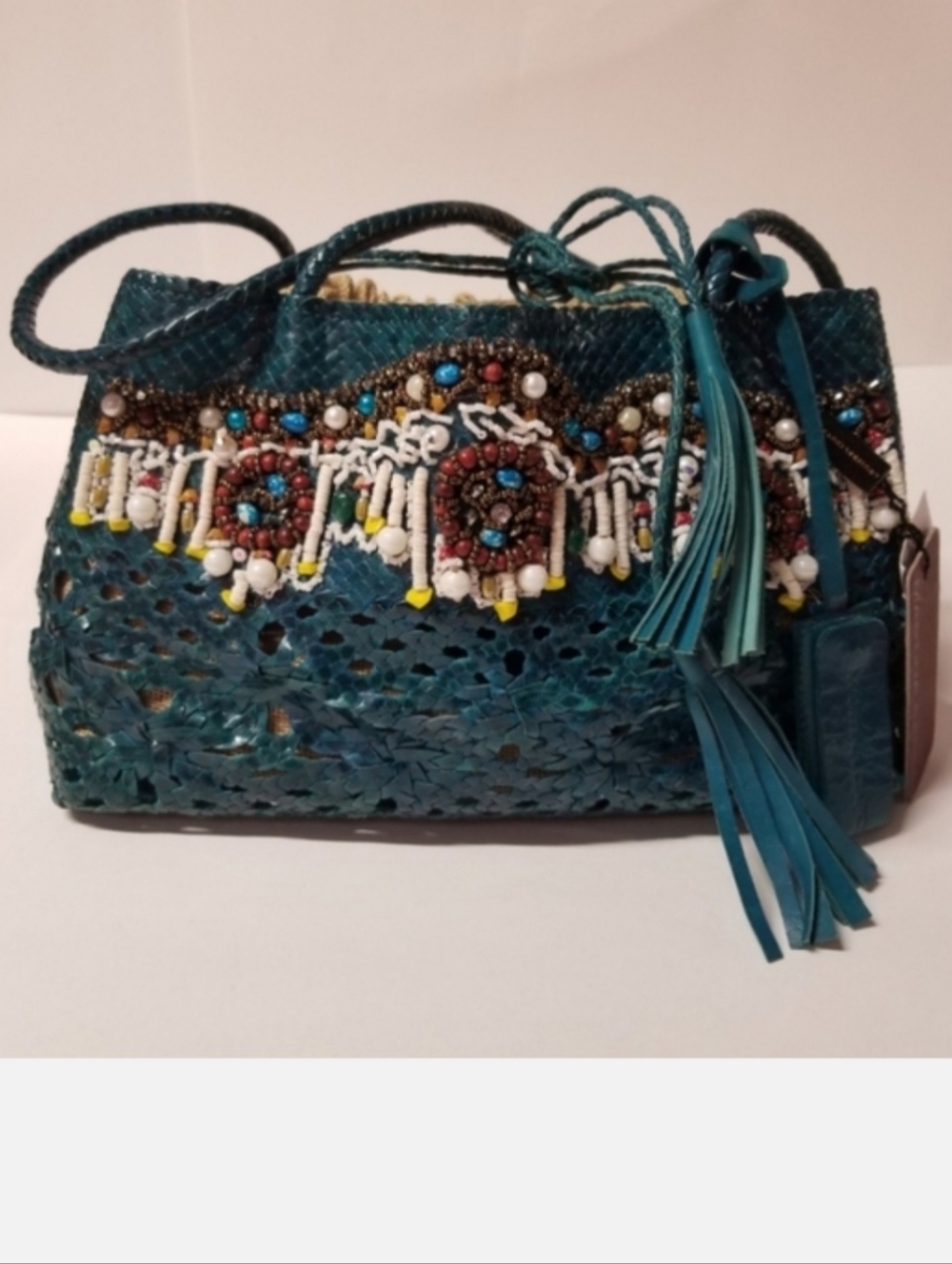Martina Caponi Handwoven Goat Leather Handbag with Bead Embellishment, Blue, NWT